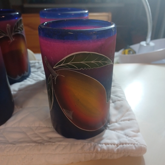 Mexican Vintage  Hand Blown & Painted W/Blue Frosted Tops  Drinkware Set… - Picture 4 of 11